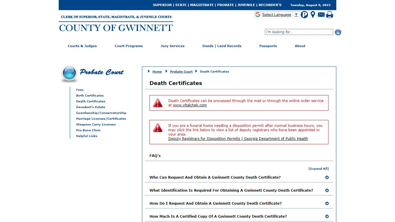 Gwinnett County Courts - Probate Court - Death Certificates