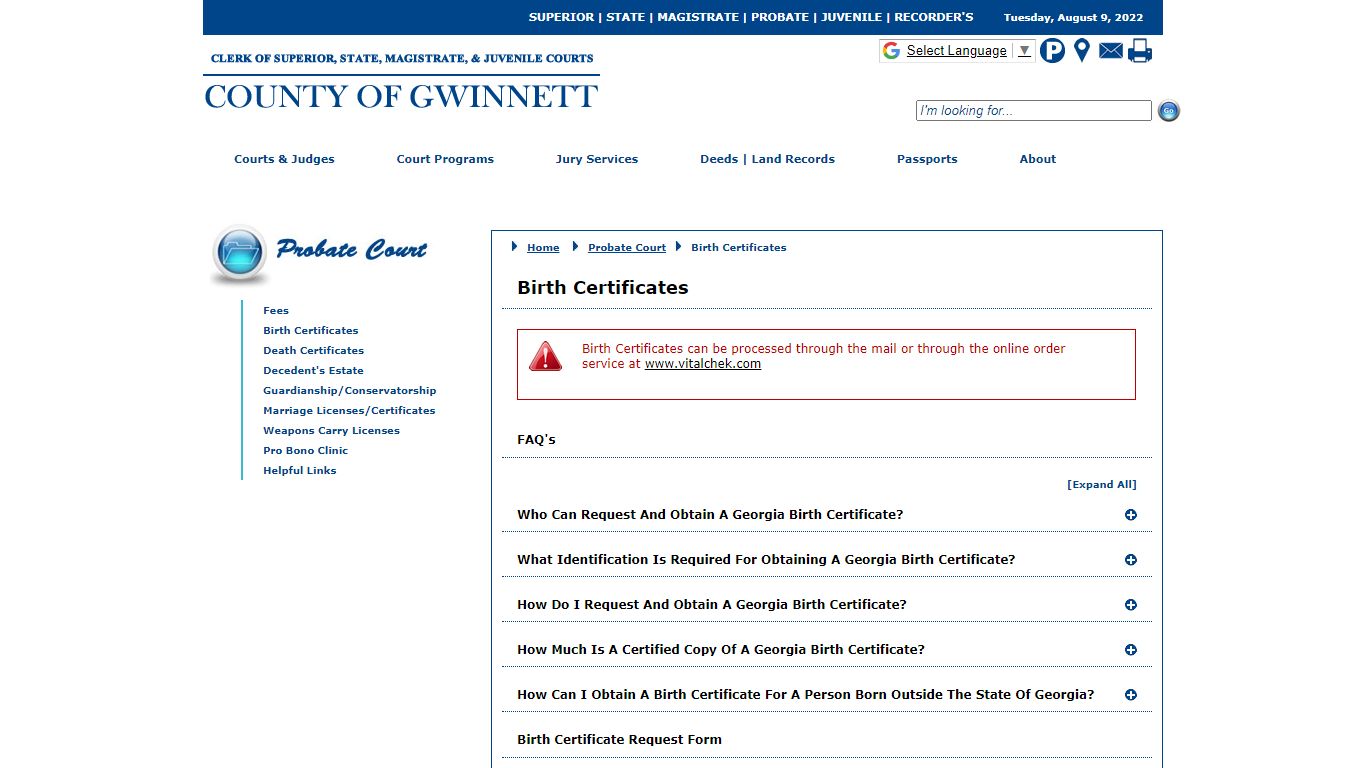 Gwinnett County Courts - Probate Court - Birth Certificates